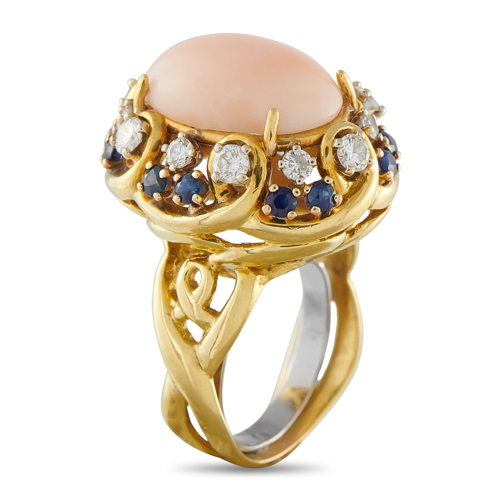 18K Yellow Gold 0.80ct Diamond, Coral, and Sapphire Ring