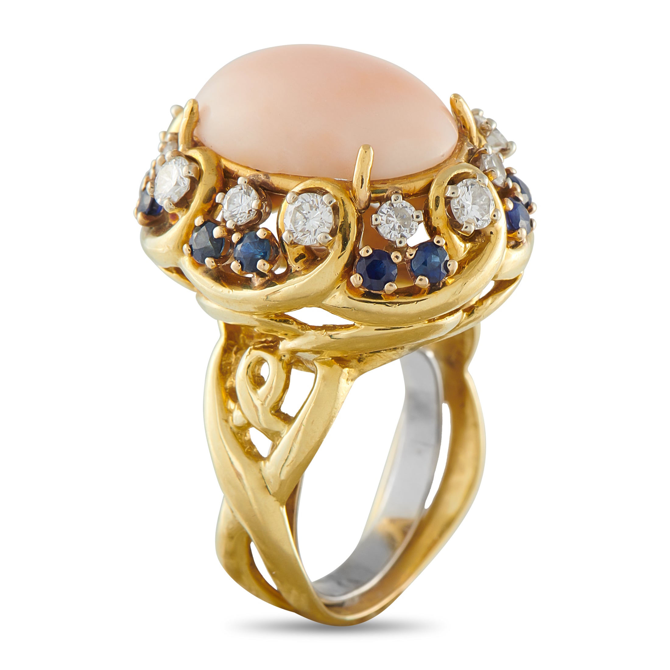 18K Yellow Gold 0.80ct Diamond, Coral, and Sapphire Ring