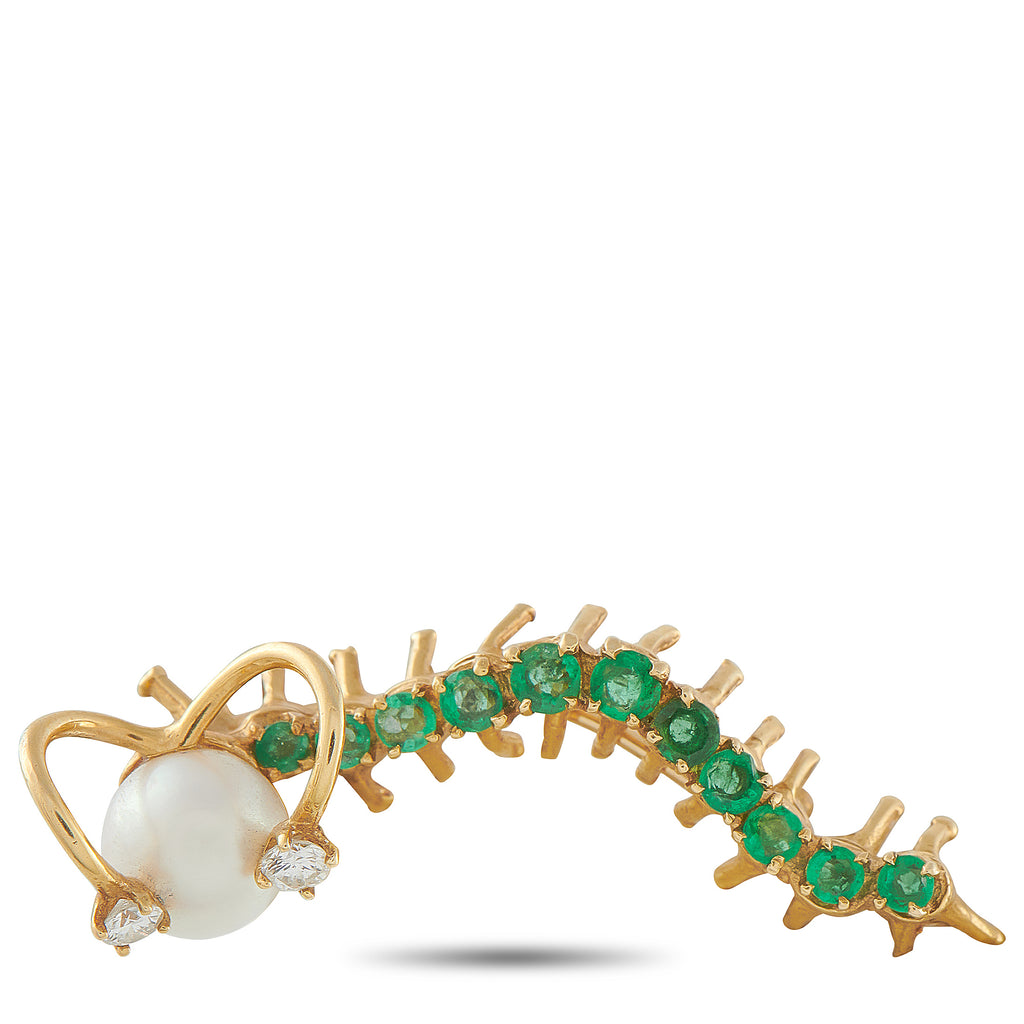 Exclusive 18K Yellow Gold Diamond, Emerald, and Pearl Caterpillar Brooch – This brooch is instantly captivating
