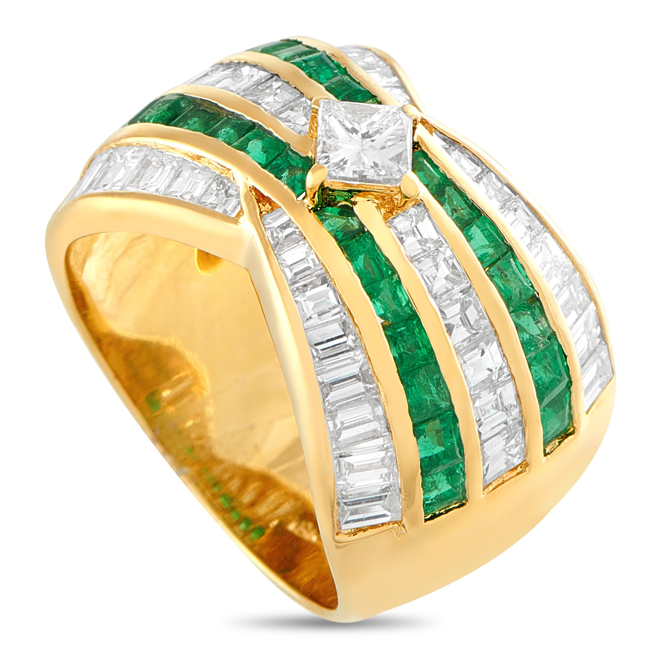 Exclusive 18K Yellow Gold 2.67ct Diamond and Emerald Wide Band Ring MF31-101025 – A statement ring that combines color, struc