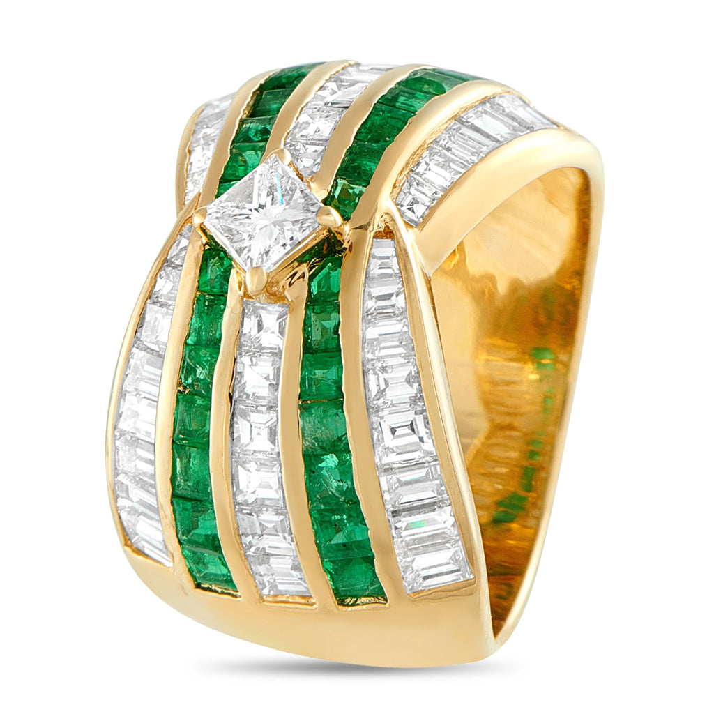 Exclusive 18K Yellow Gold 2.67ct Diamond and Emerald Wide Band Ring