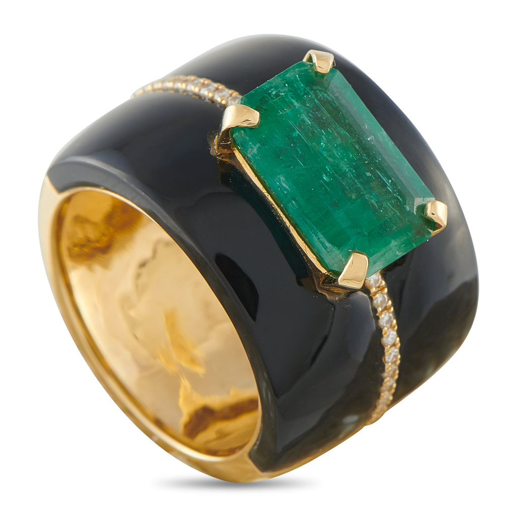 18K Yellow Gold 0.10ct Diamond and Emerald Ring