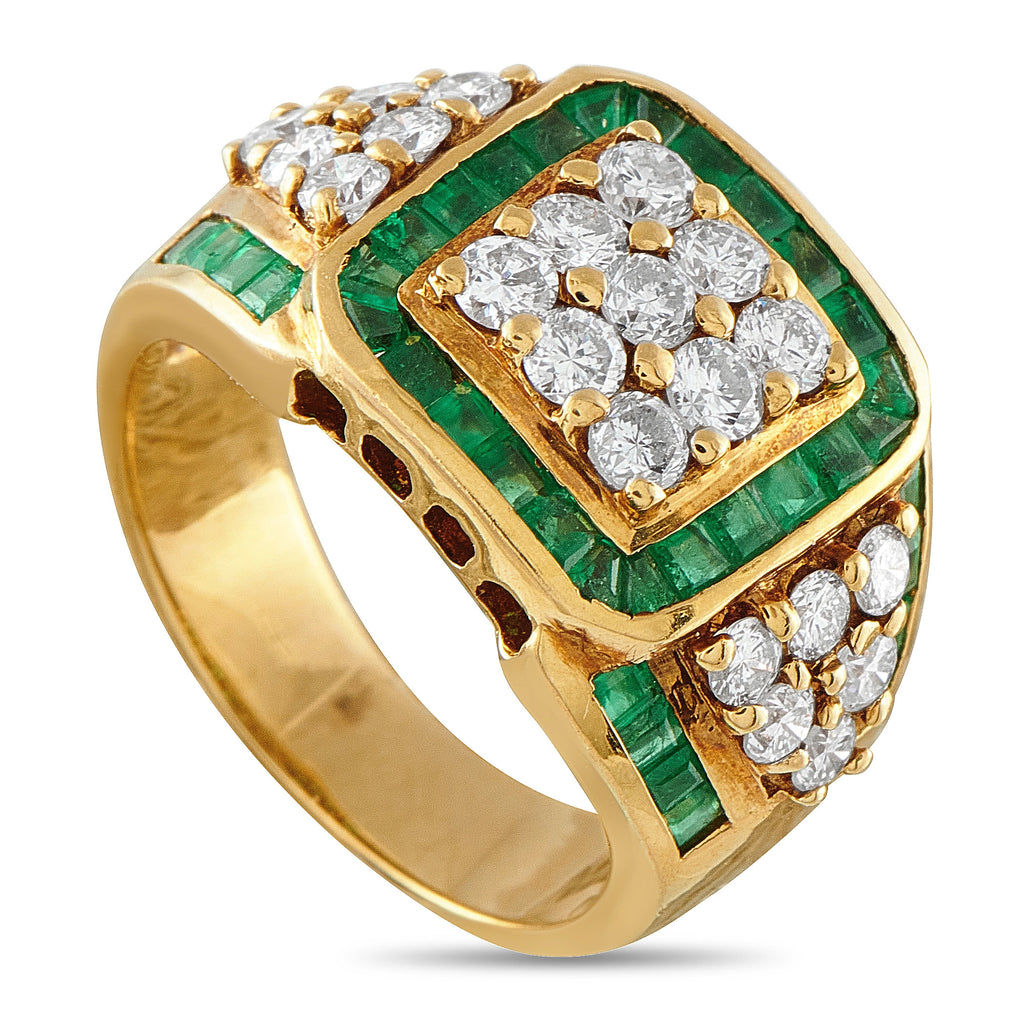 Exclusive  18K Yellow Gold 1.05ct Diamond and Emerald Cocktail Ring