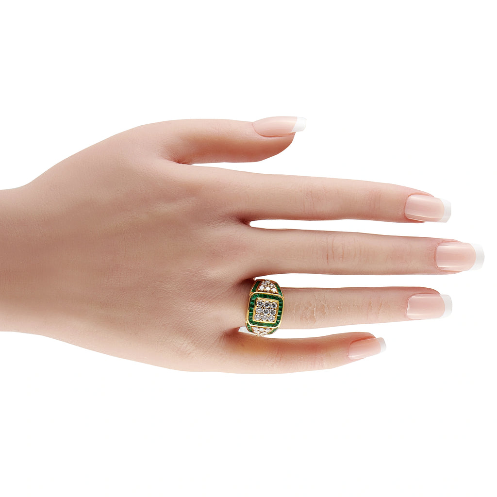 18K Yellow Gold 1.05ct Diamond and Emerald Cocktail Ring