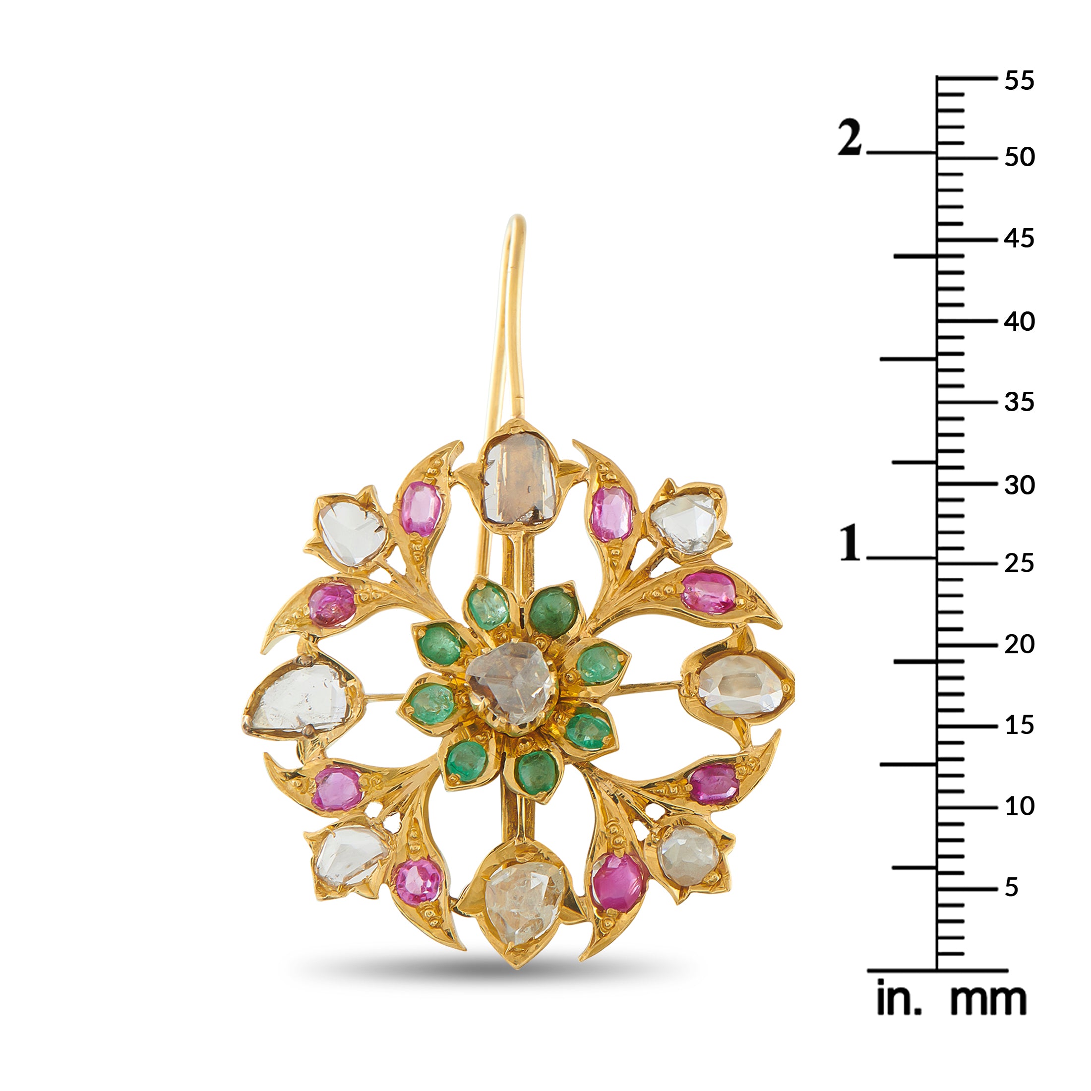 18K Yellow Gold 3.30ct Rose-Cut Diamond, Emerald and Ruby Flower Earrings
