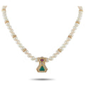 Cultured pearl necklace with gold pendant featuring green and red gemstone accents