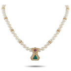 18K Yellow Gold 3.65ct Diamond, Emerald, and Ruby Cultured Pearl Necklace