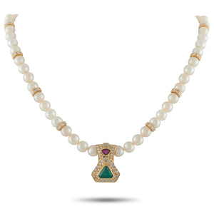 18K Yellow Gold 3.65ct Diamond, Emerald, and Ruby Cultured Pearl Necklace