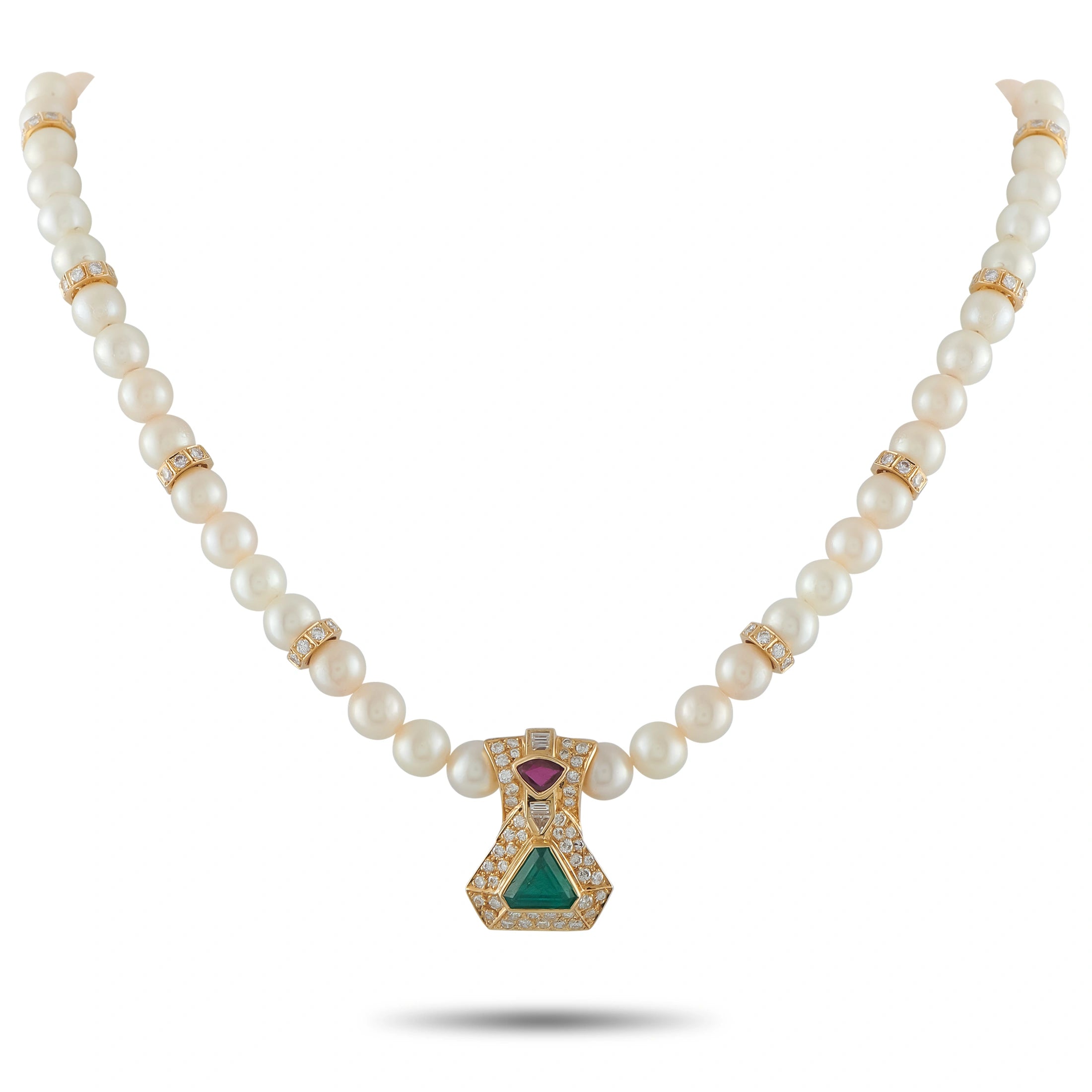 18K Yellow Gold 3.65ct Diamond, Emerald, and Ruby Cultured Pearl Necklace