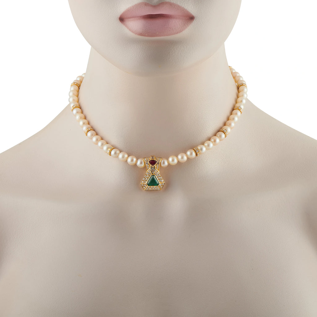 18K Yellow Gold 3.65ct Diamond, Emerald, and Ruby Cultured Pearl Necklace