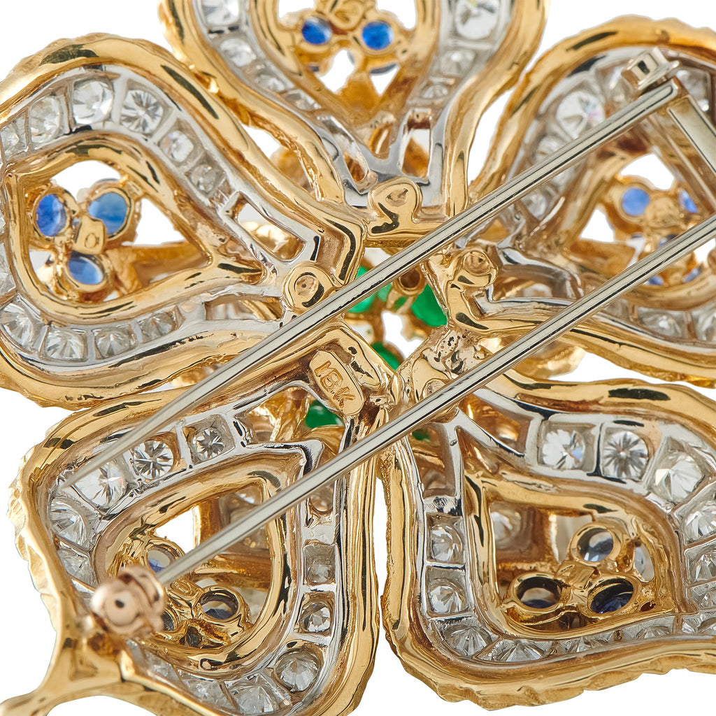 Vintage 18K Yellow Gold 6.0ct Diamond, Emerald, and Sapphire Brooch