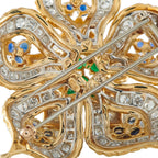 Vintage 18K Yellow Gold 6.0ct Diamond, Emerald, and Sapphire Brooch