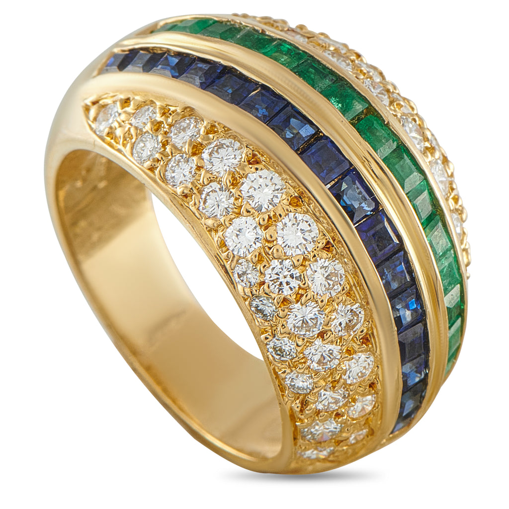 18K Yellow Gold 1.51ct Diamond, Emerald, and Sapphire Ring