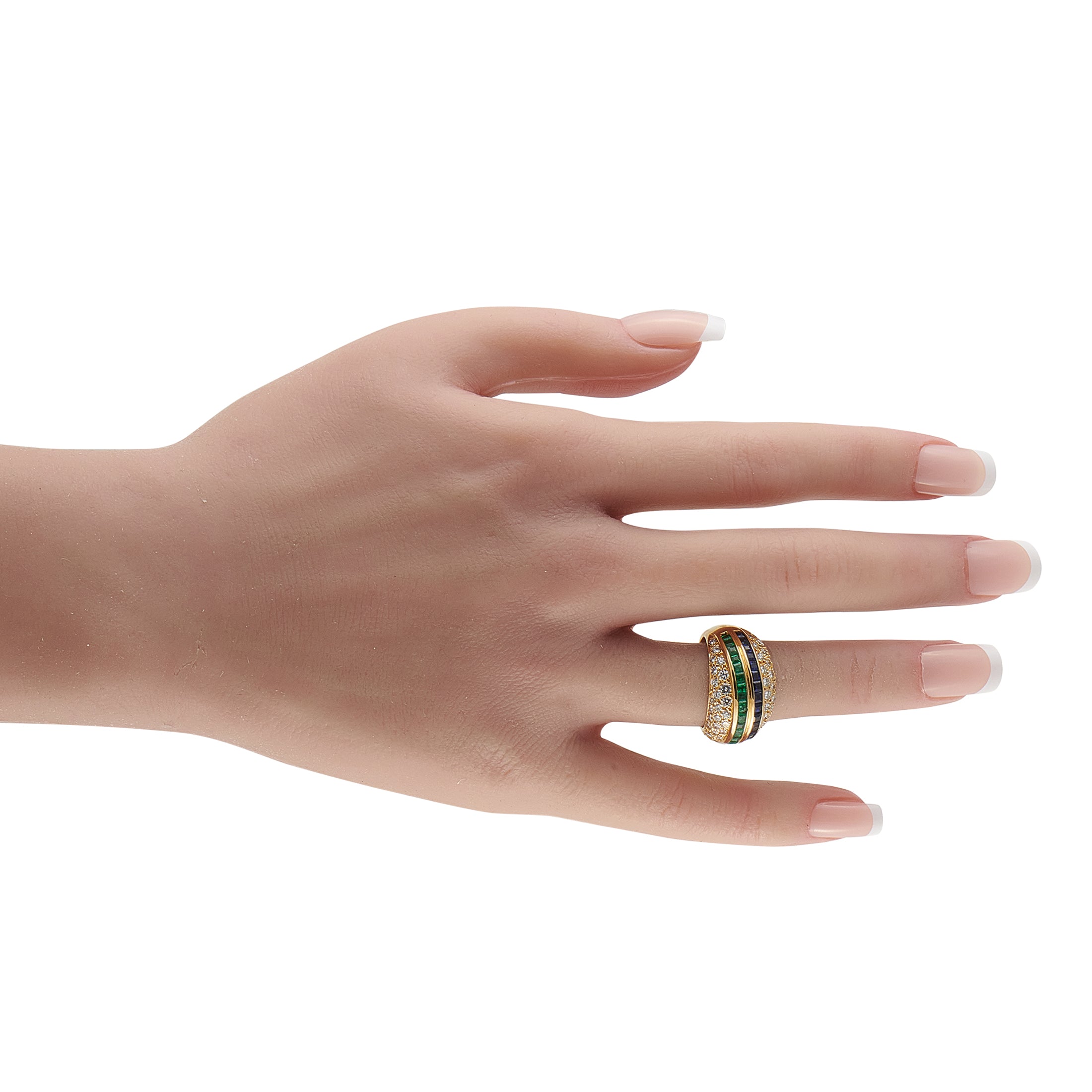 18K Yellow Gold 1.51ct Diamond, Emerald, and Sapphire Ring