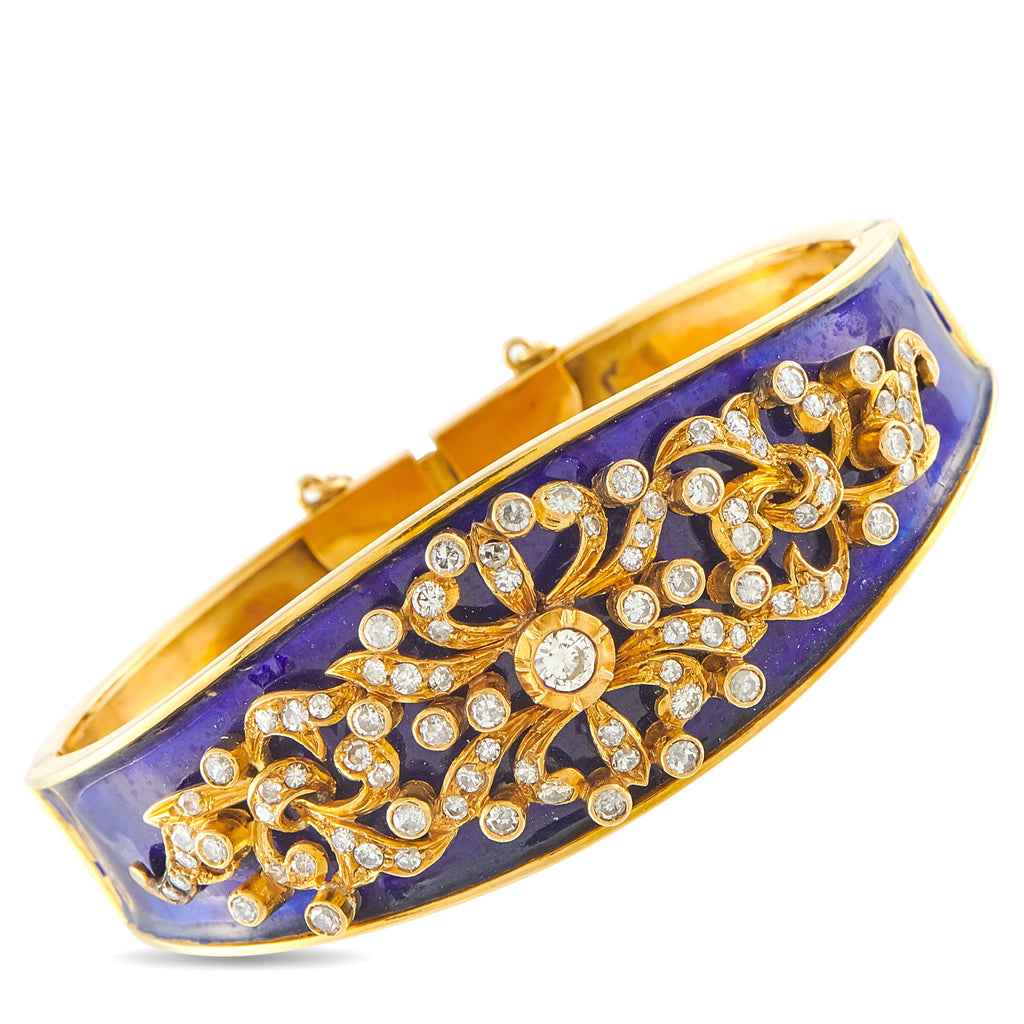 Antique 18K Yellow Gold 2.59 ctw Diamond and Blue Enamel Bangle
