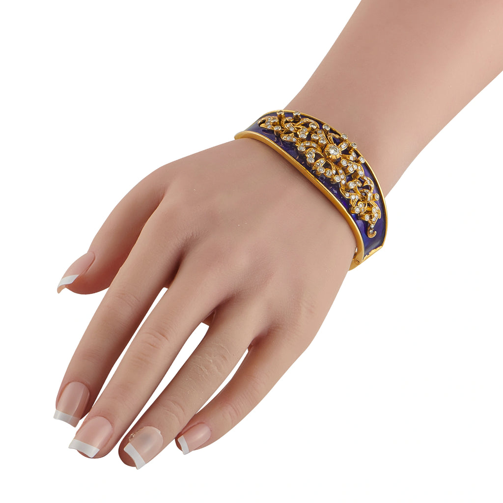 Antique 18K Yellow Gold 2.59 ctw Diamond and Blue Enamel Bangle
