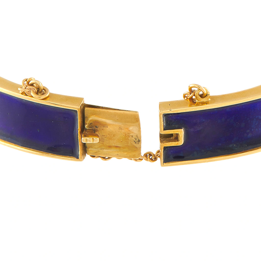 Antique 18K Yellow Gold 2.59 ctw Diamond and Blue Enamel Bangle