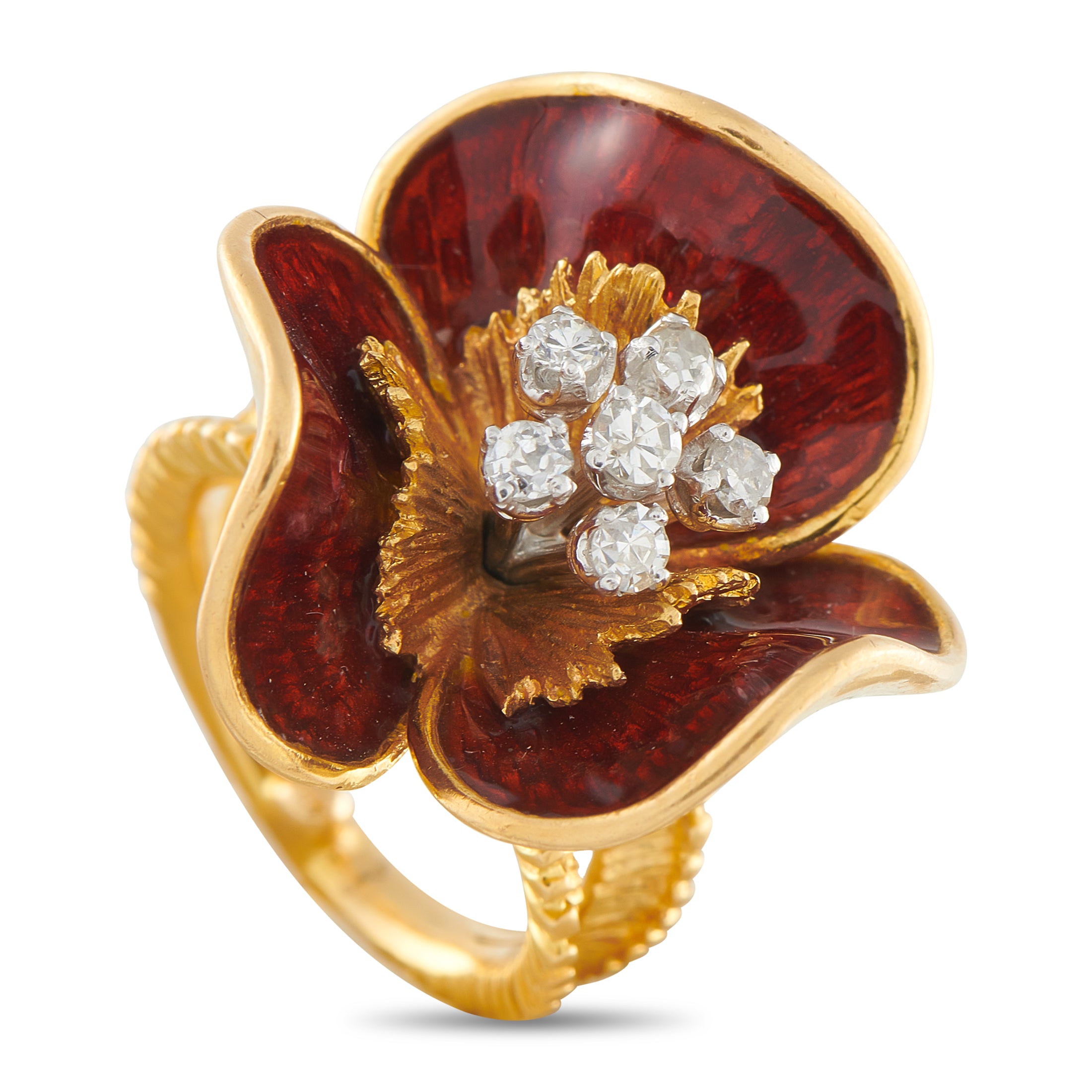 18K Yellow Gold 0.30ct Diamond and Enamel Flower Ring