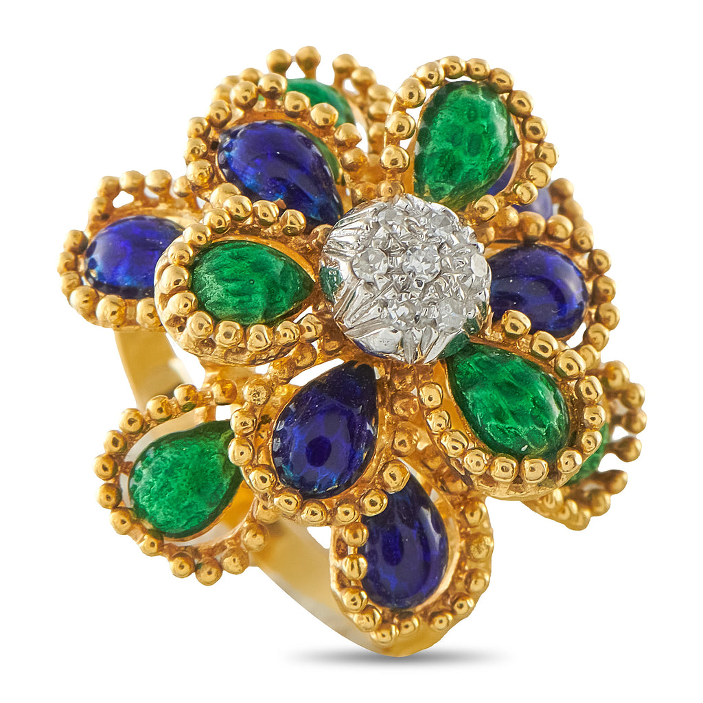 18K Yellow Gold Diamond and Enamel Flower Cocktail Ring