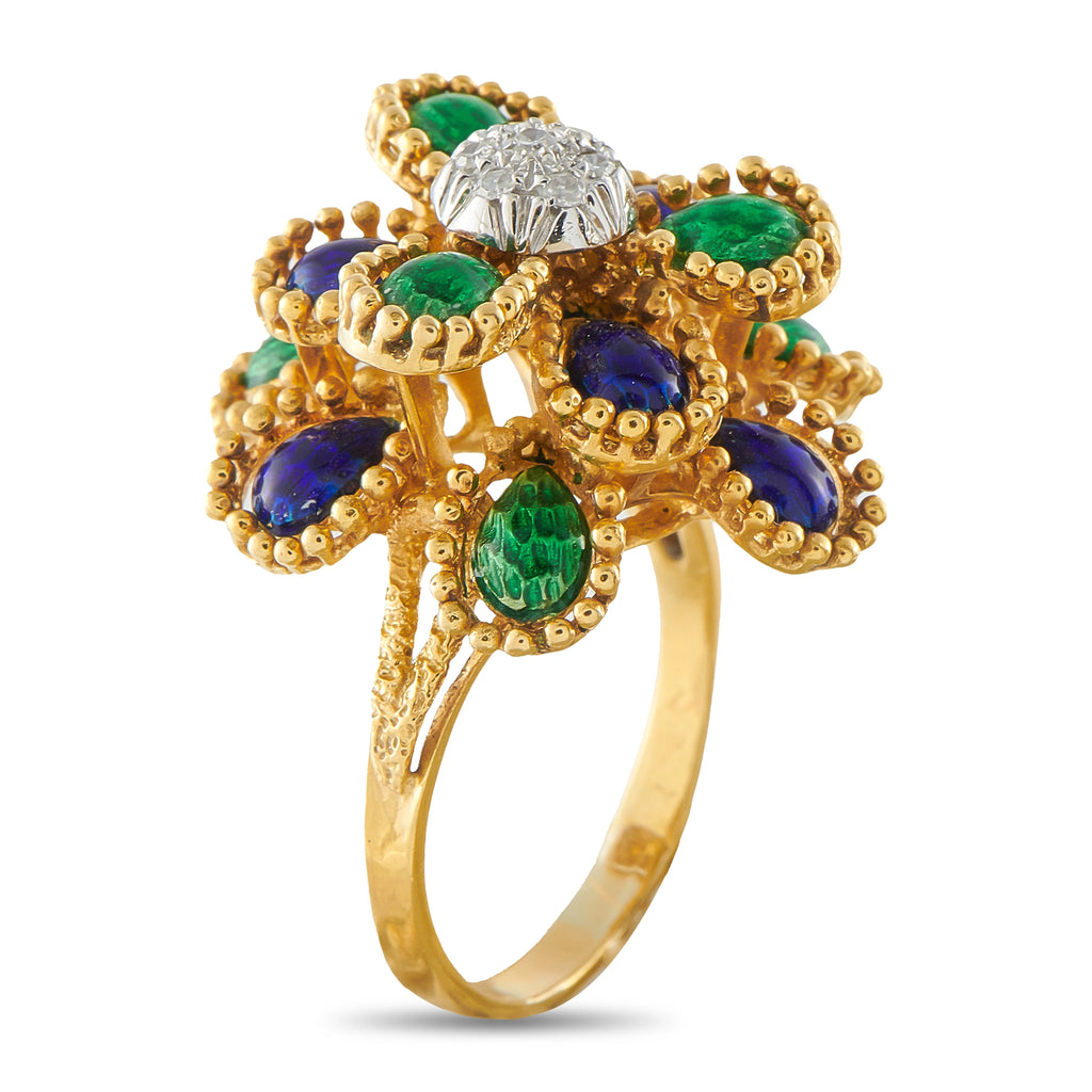18K Yellow Gold Diamond and Enamel Flower Cocktail Ring