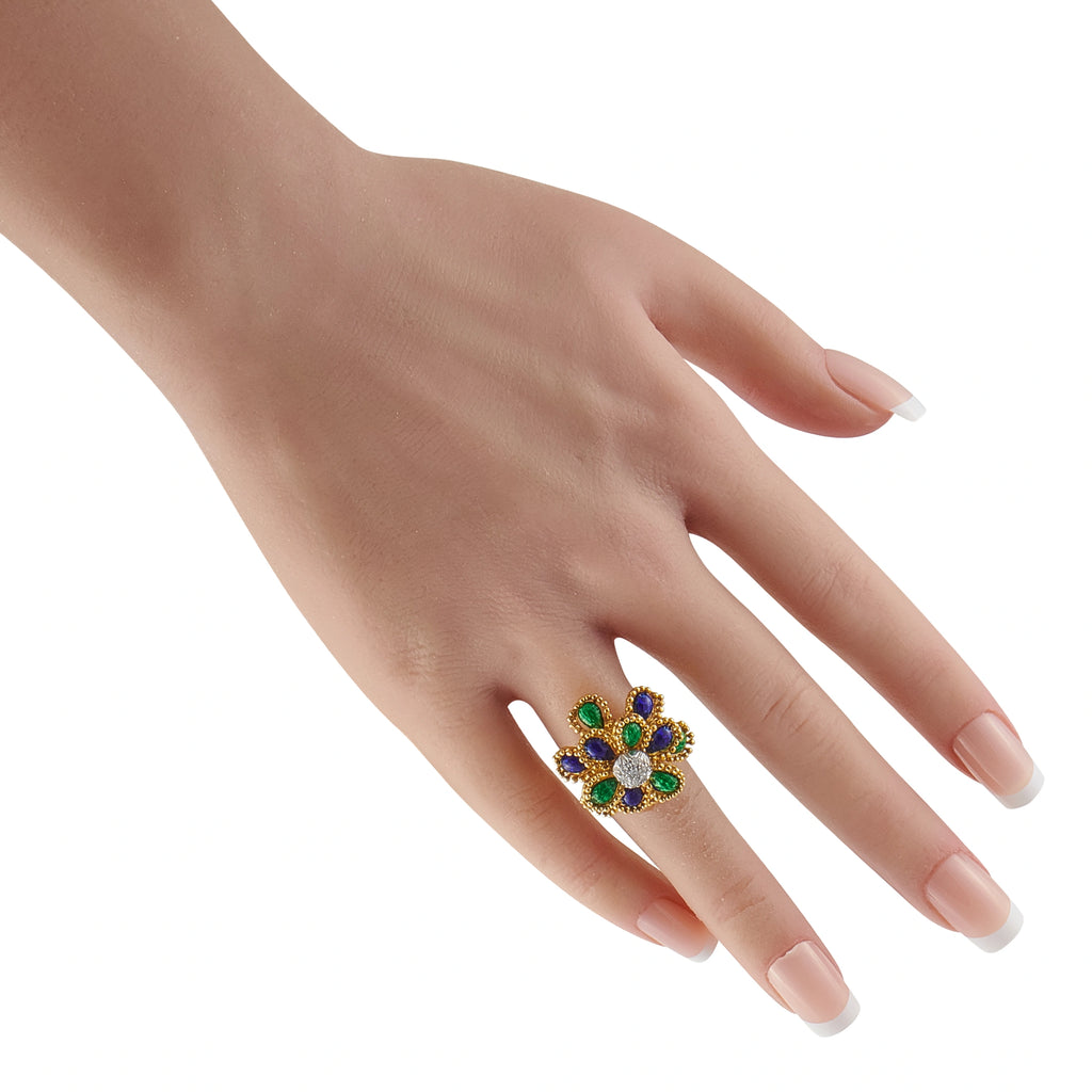 18K Yellow Gold Diamond and Enamel Flower Cocktail Ring