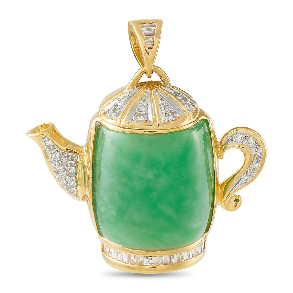 Yellow gold teapot pendant with green jade cabochon and diamond accents