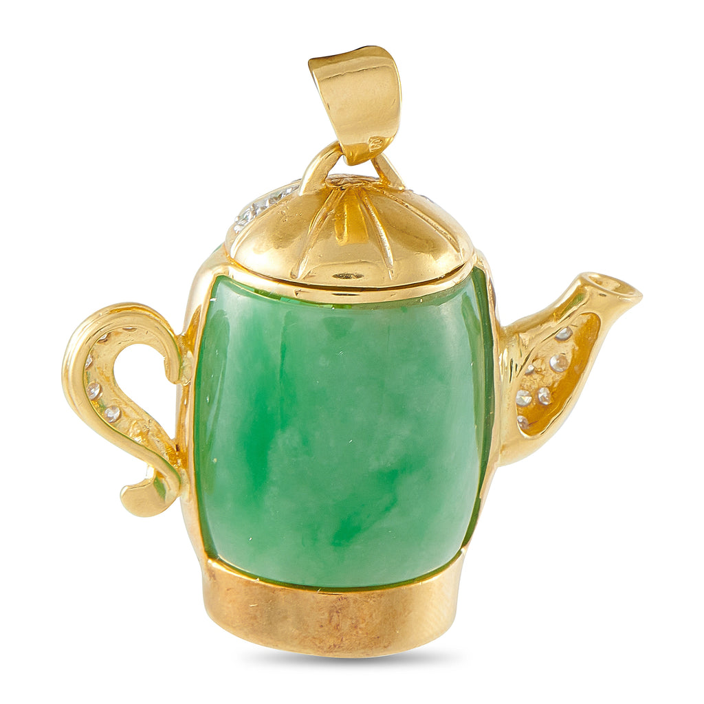 Yellow gold teapot pendant with green jade center and diamond-set trim
