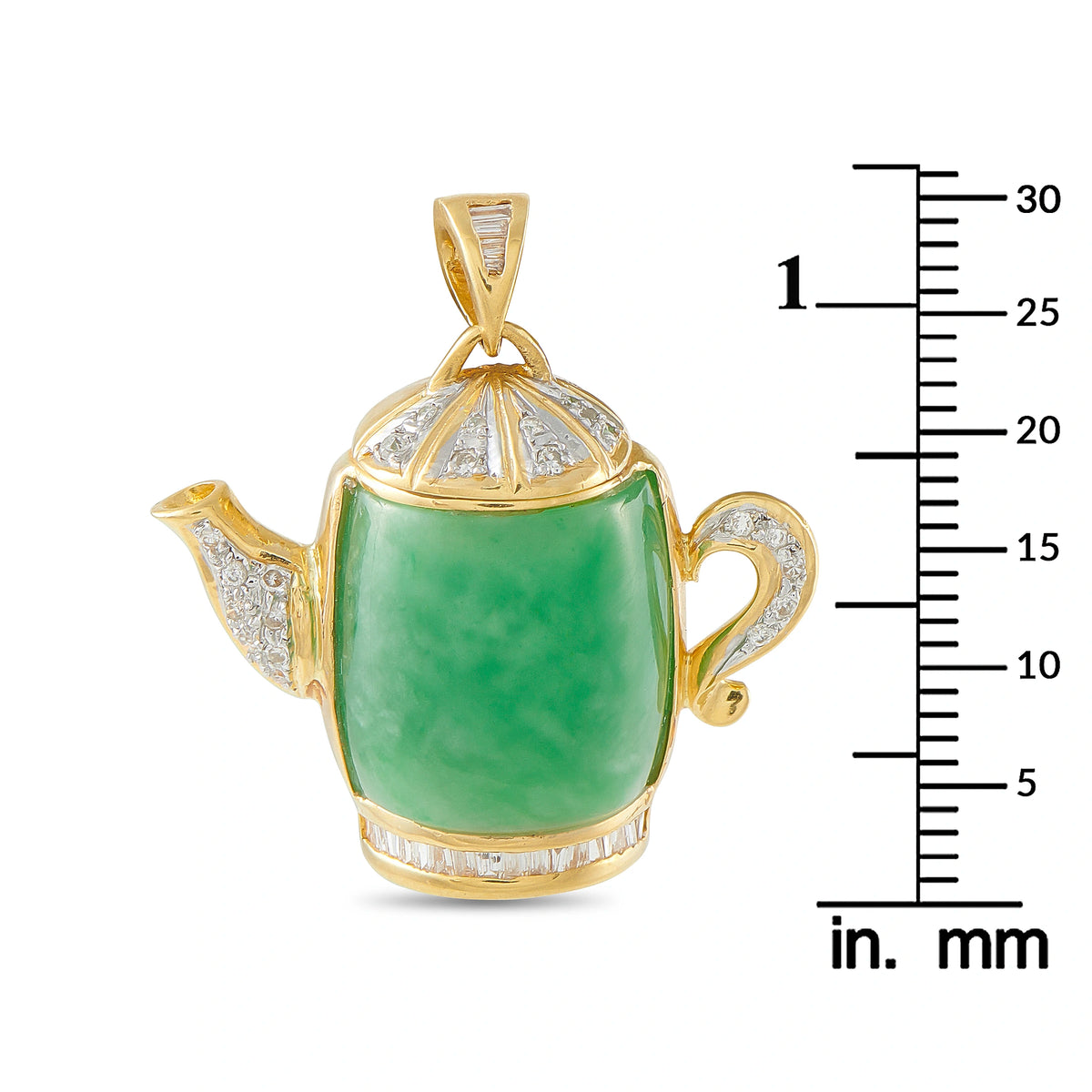 18K yellow gold teapot pendant with green jade body and diamond accents
