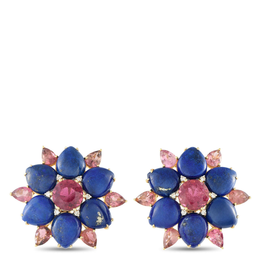 Exclusive Vintage 18K Yellow Gold Diamond, Lapis, and Pink Tourmaline Flower Earrings MF14-082025 – Playful yet elegant, thes