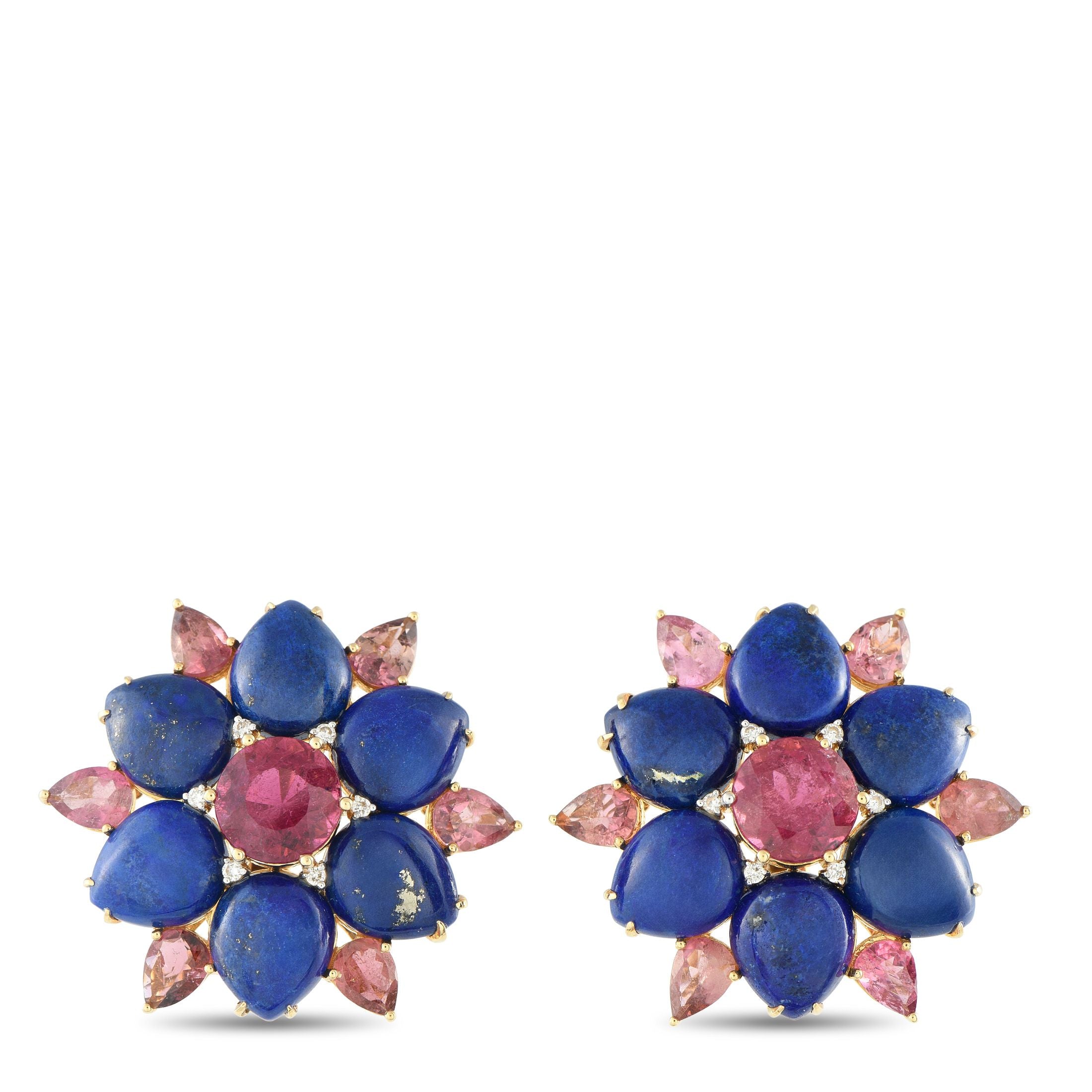 Exclusive Vintage 18K Yellow Gold Diamond, Lapis, and Pink Tourmaline Flower Earrings MF14-082025 – Playful yet elegant, thes