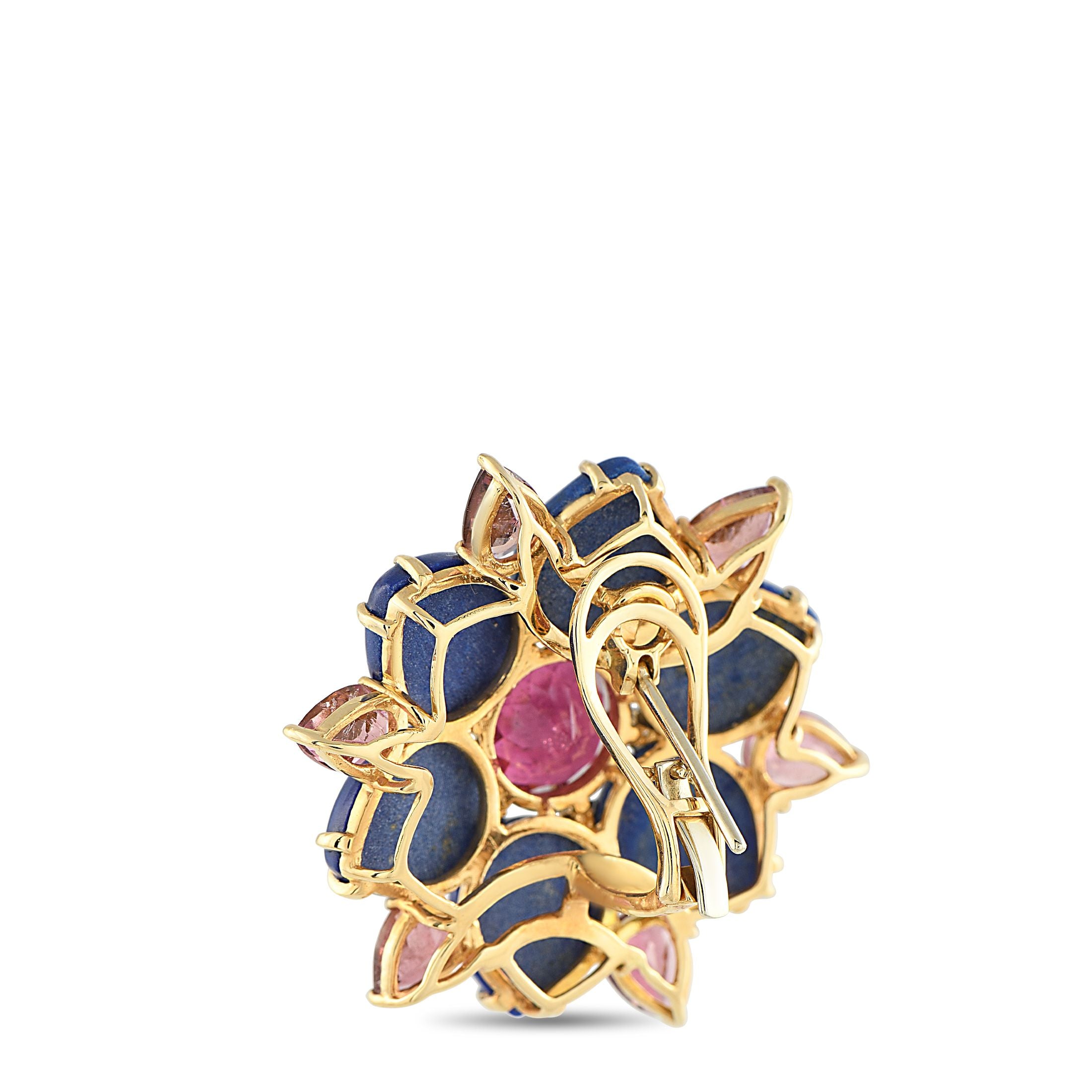 Exclusive Vintage 18K Yellow Gold Diamond, Lapis, and Pink Tourmaline Flower Earrings