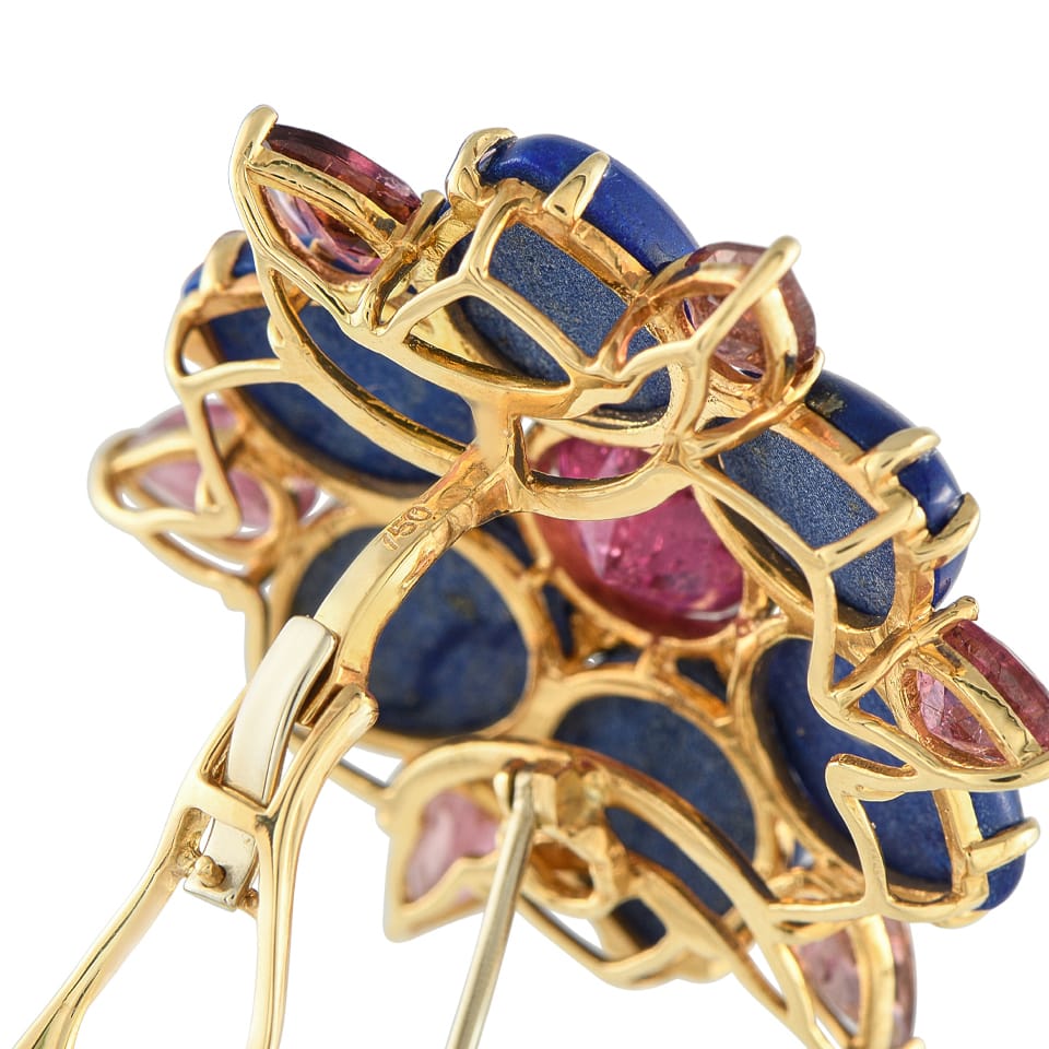 Exclusive Vintage 18K Yellow Gold Diamond, Lapis, and Pink Tourmaline Flower Earrings