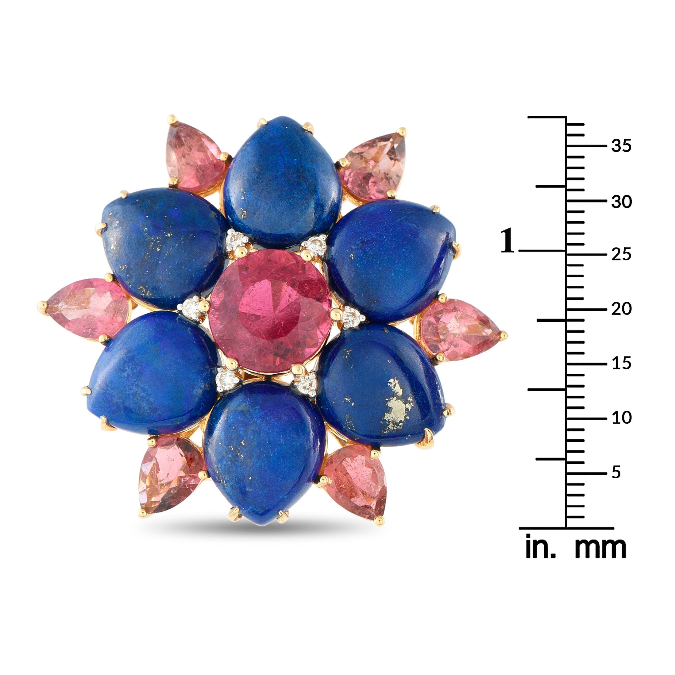 Exclusive Vintage 18K Yellow Gold Diamond, Lapis, and Pink Tourmaline Flower Earrings