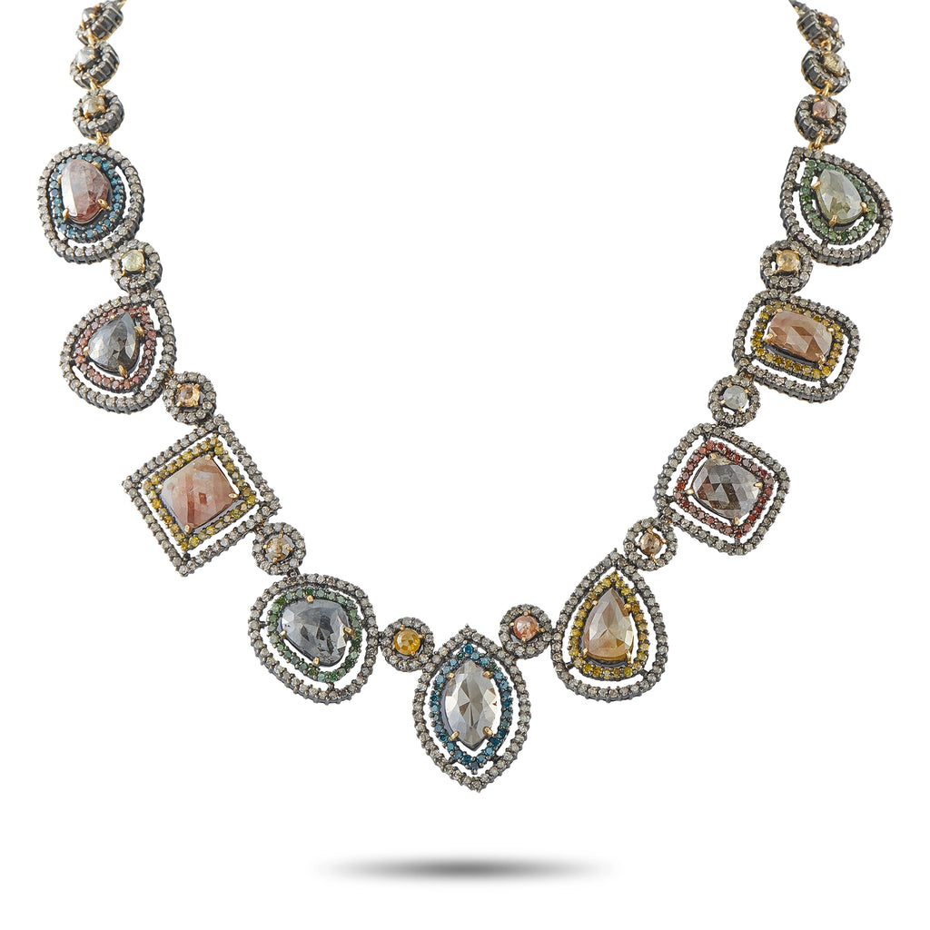 Yellow gold diamond halo necklace with oval and pear-shaped gemstones