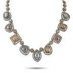 Yellow gold diamond halo necklace with oval and pear-shaped gemstones