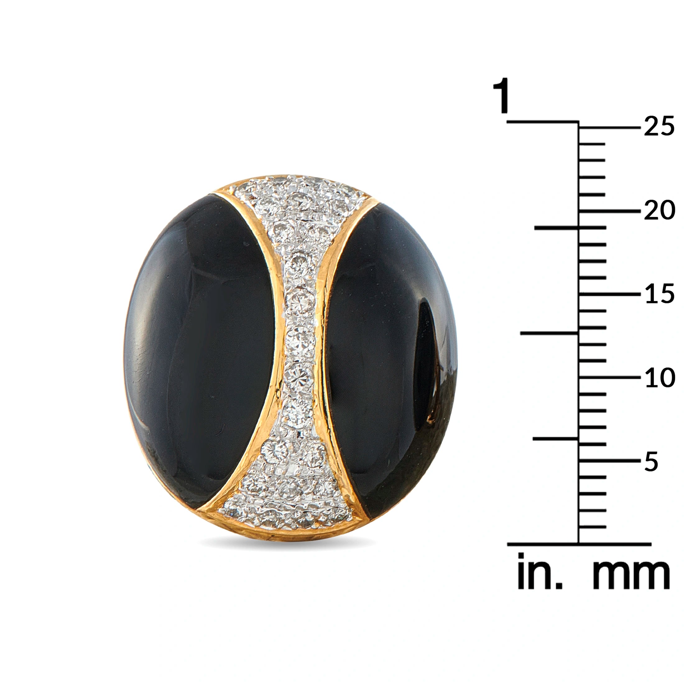 Oval onyx and diamond hoop earring with yellow-gold border; shown next to mm scale