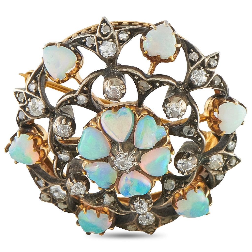 Antique 14K Yellow Gold Diamond and Opal Brooch
