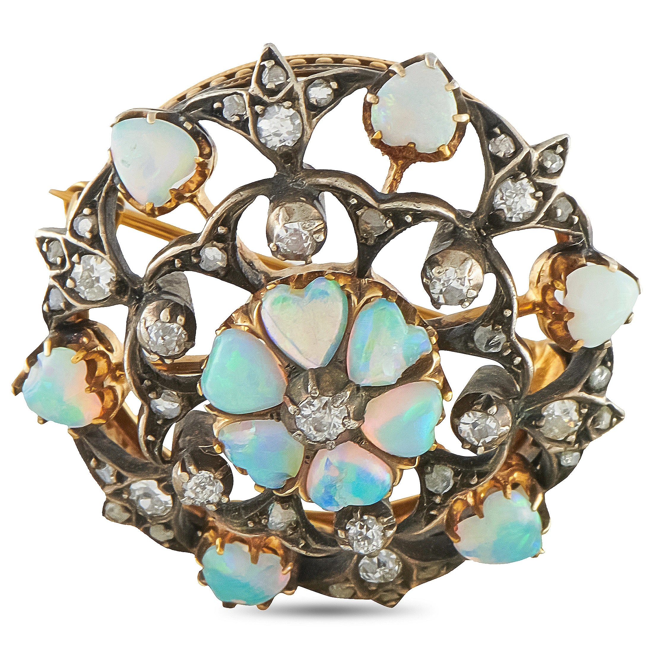 Antique 14K Yellow Gold Diamond and Opal Brooch