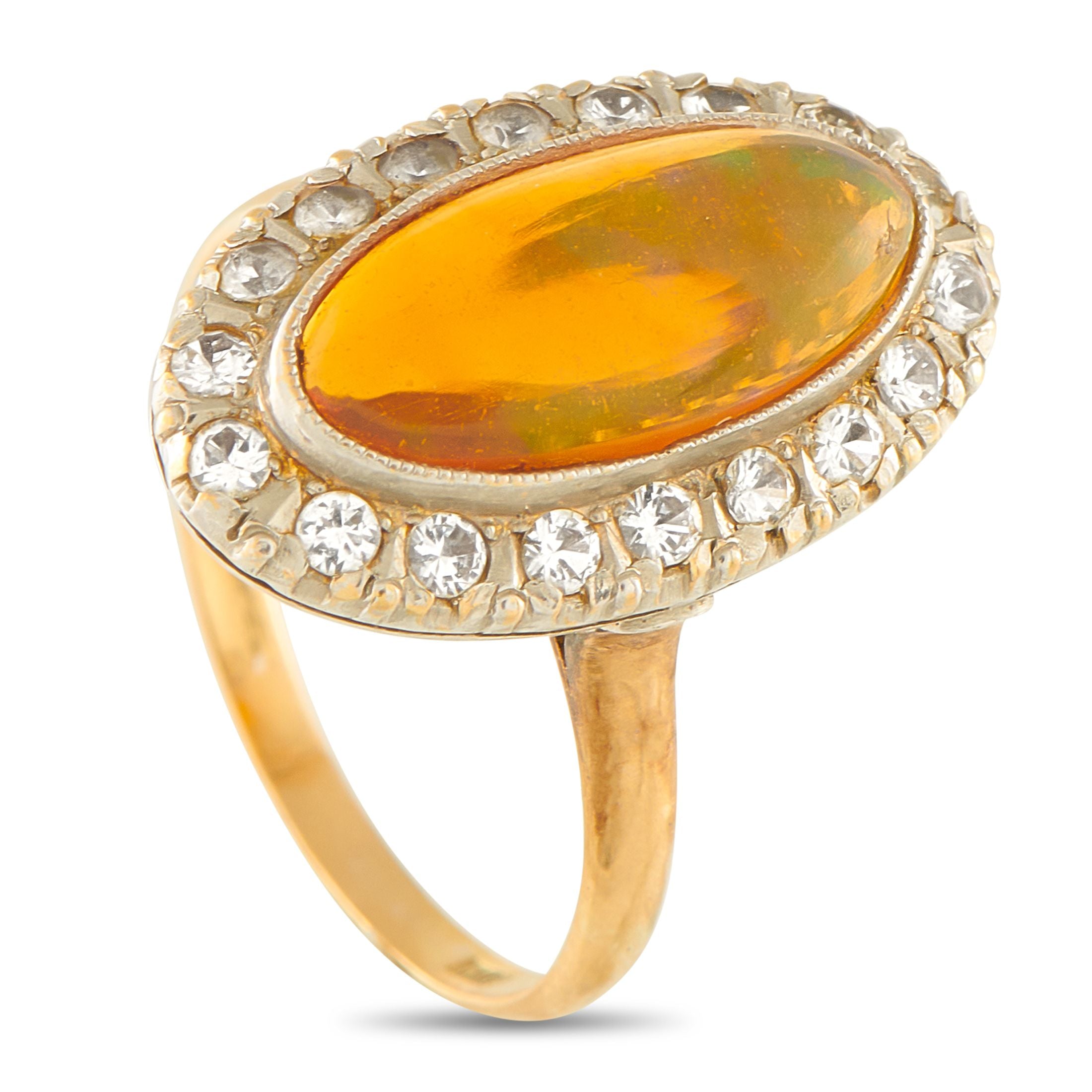 Exclusive 18K Yellow Gold Diamond and Fire Opal Ring MF12-092525 – A captivating orange-hued Fire Opal makes a statement at t