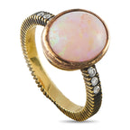 18k yellow gold oval opal ring with diamond accents, ribbed band and bezel setting
