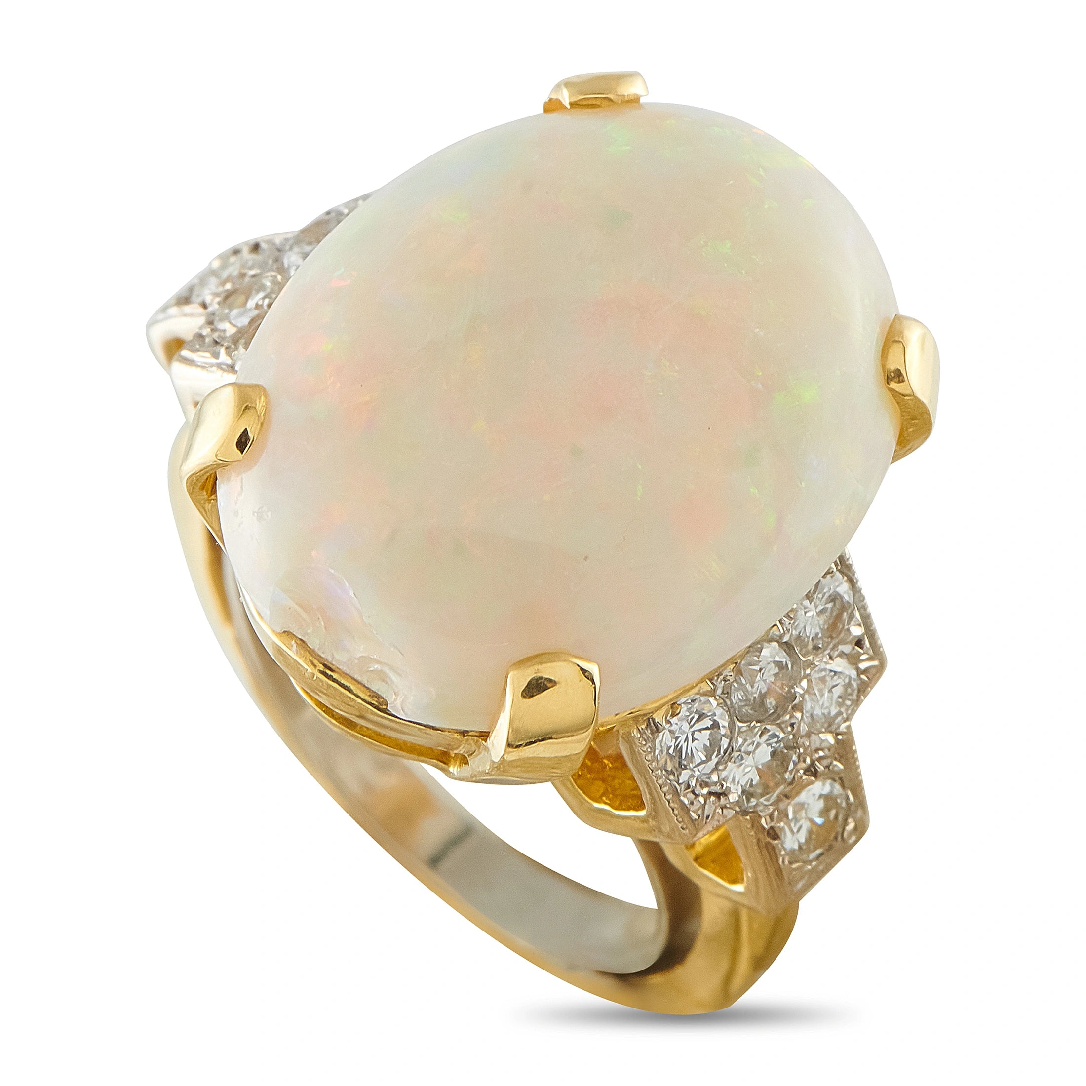 Yellow gold opal and diamond ring with round opal cabochon and halo diamonds
