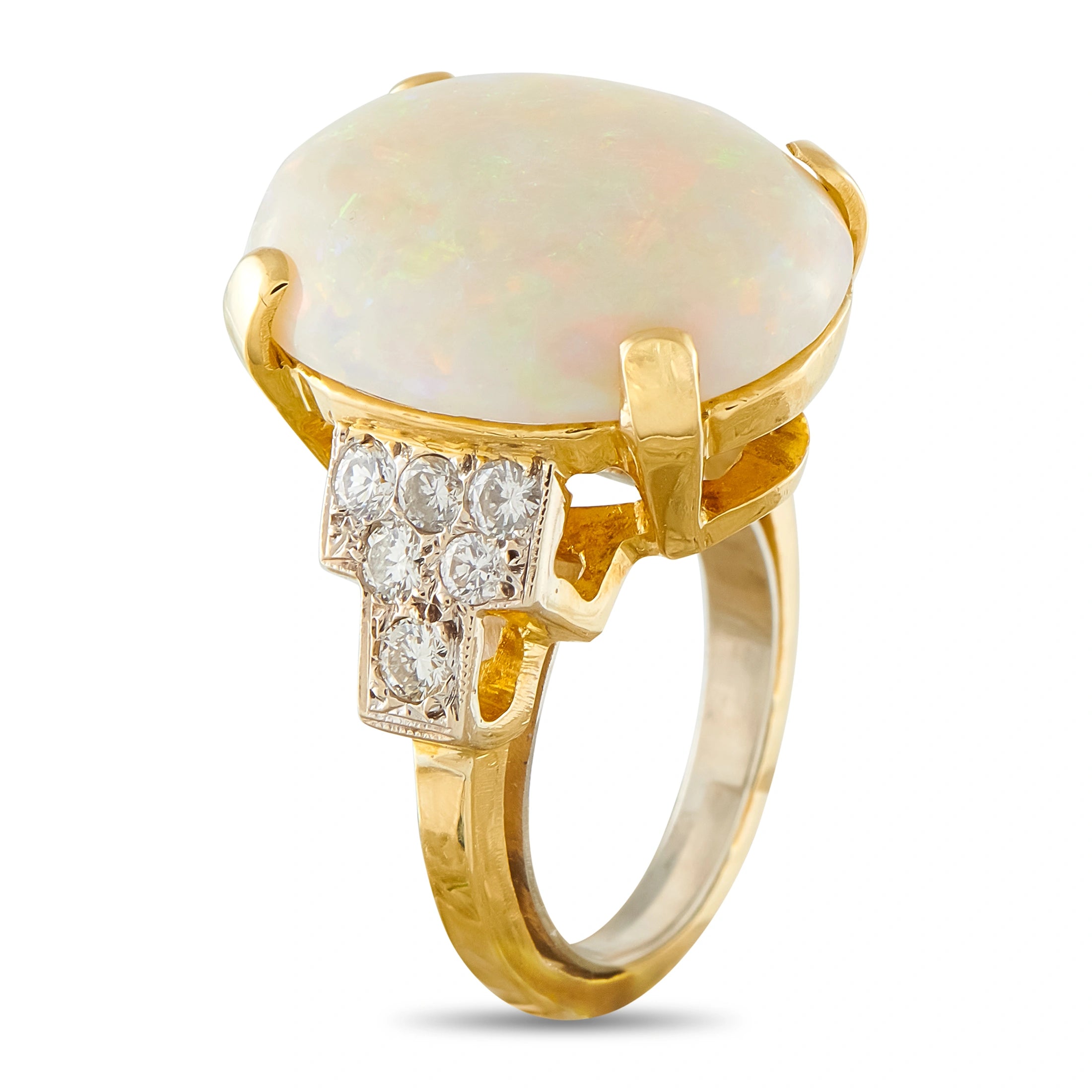 Yellow gold opal and diamond ring, large oval opal with square diamond clusters