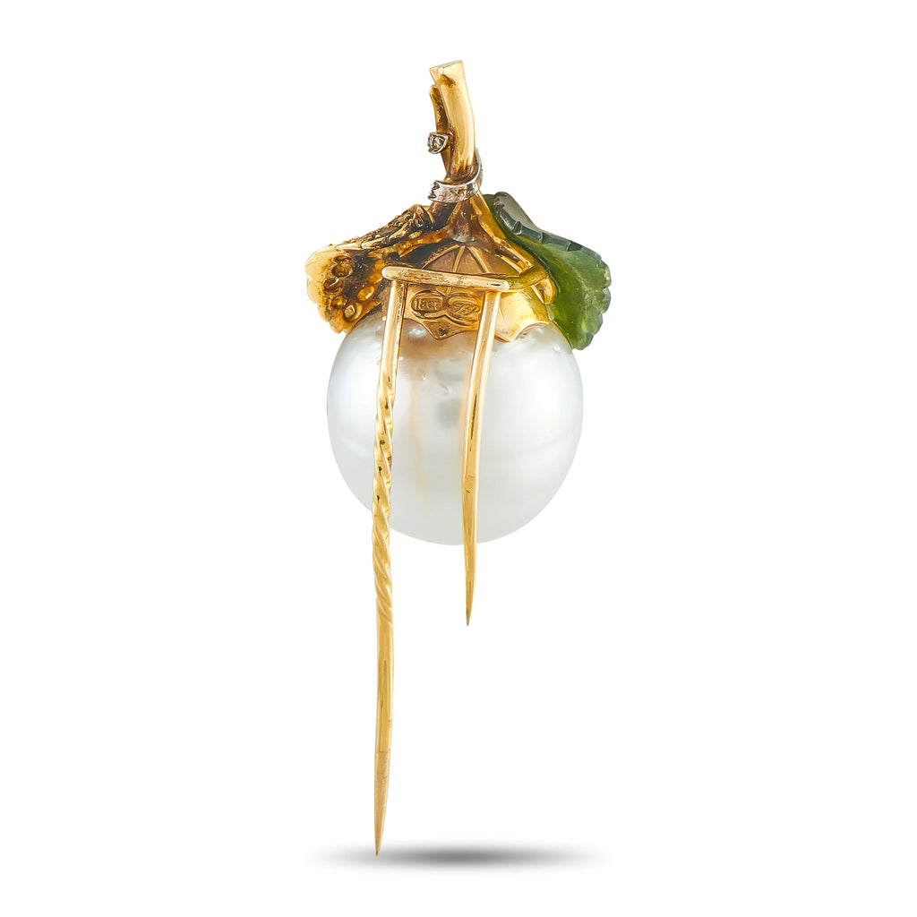 18K Yellow Gold 0.50ct Fancy Diamond, Nephrite Jade, and Baroque Pearl Brooch