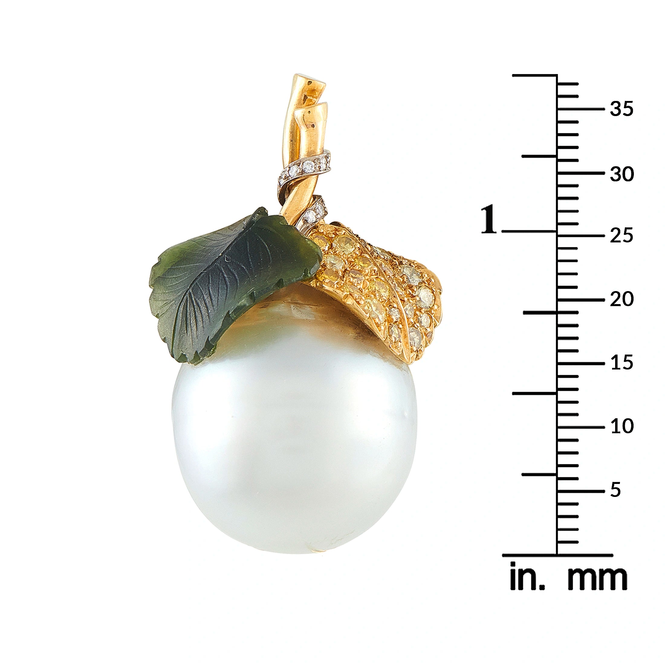 18K Yellow Gold 0.50ct Fancy Diamond, Nephrite Jade, and Baroque Pearl Brooch