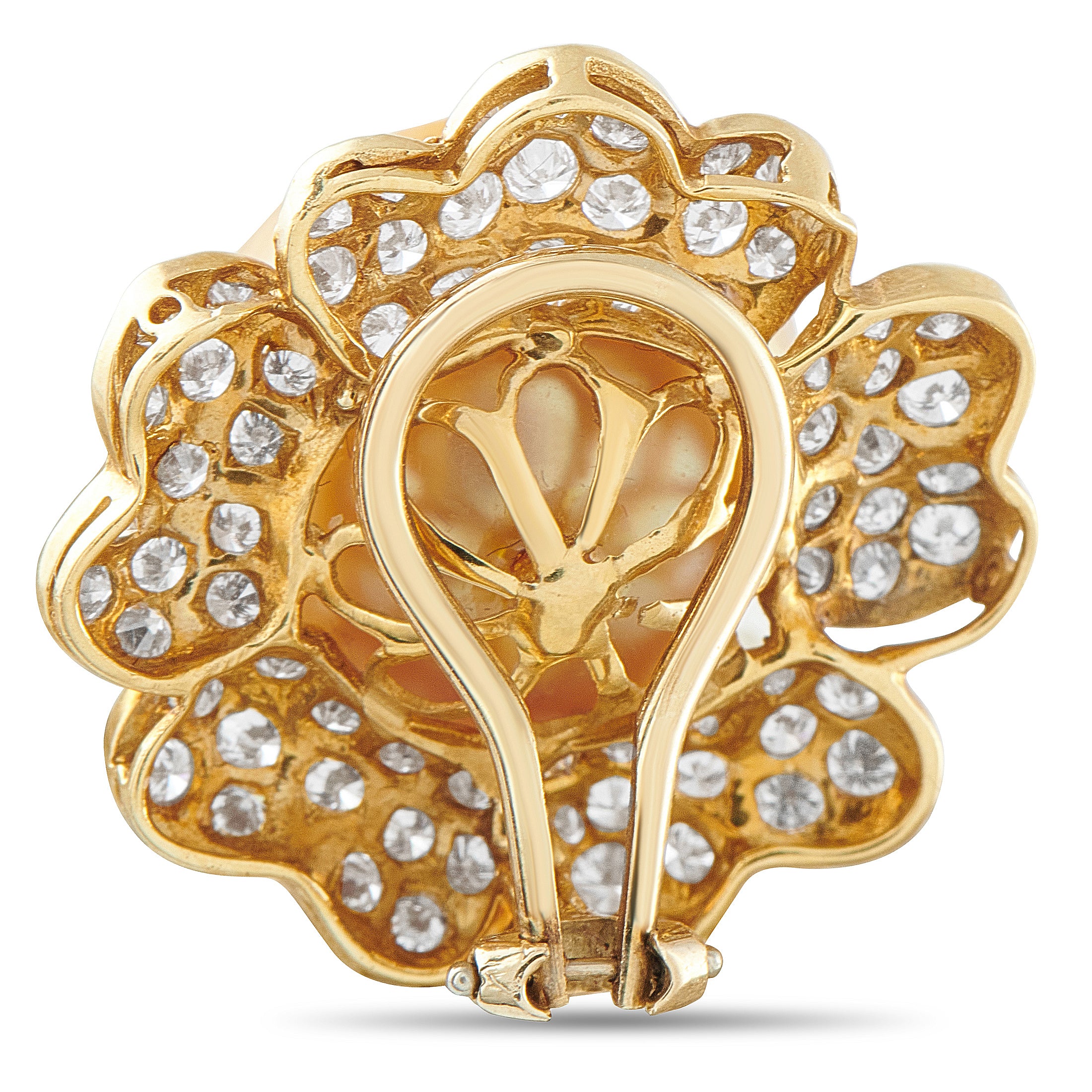 18K Yellow Gold 3.25ct Diamond and Golden Pearls Flower Earrings