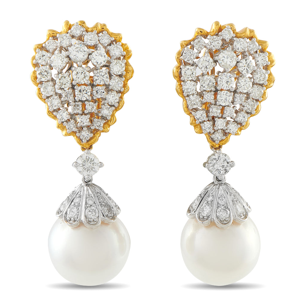 18K Yellow Gold 5.50ct Diamond and Pearl Earrings