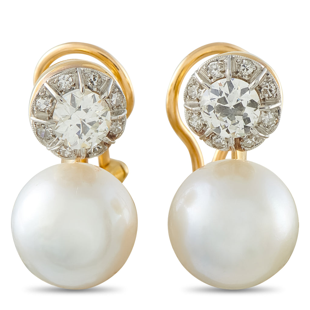 Antique 18K Yellow Gold 1.64ct Old-Cut Diamond and Pearl Earrings