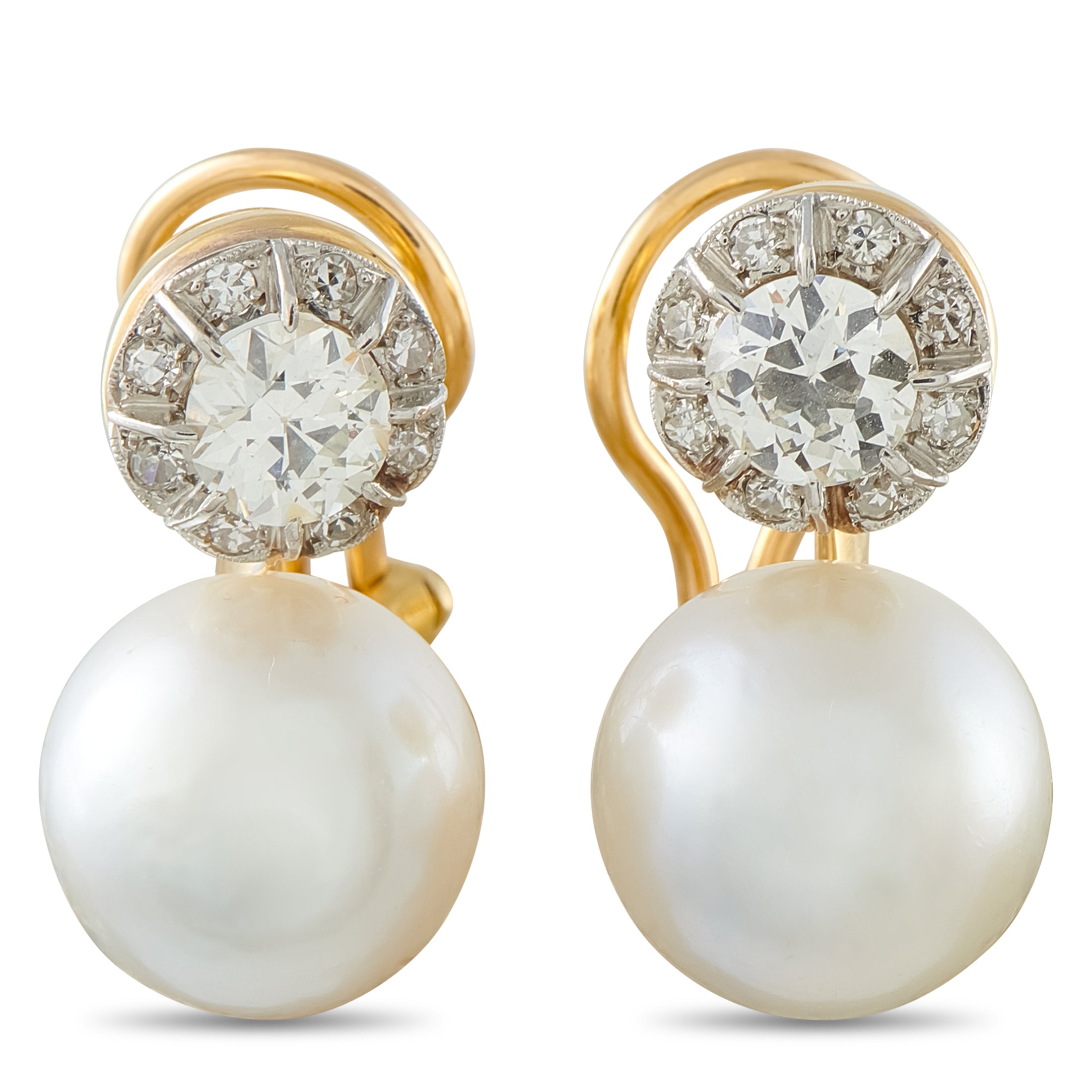 Antique 18K Yellow Gold 1.64ct Old-Cut Diamond and Pearl Earrings