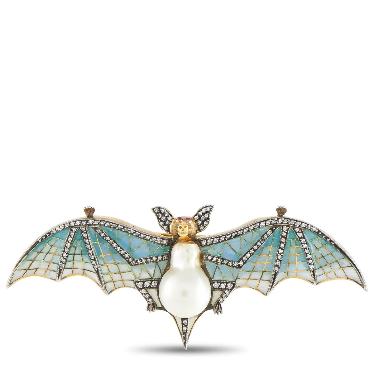 Enamel bat brooch with pear-shaped pearl body, gold head, and blue mosaic wings