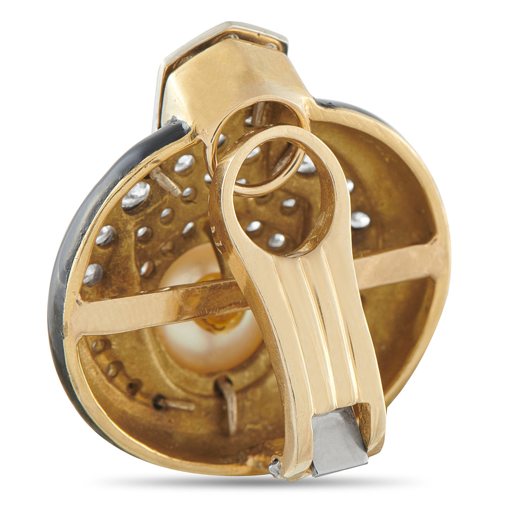 Exclusive 14K Yellow Gold 2.0ct Diamond and Enamel Pearl Clip-On Earrings